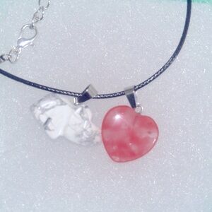 Hippie Boho Natural Howlite Elephant & Cherry Quartz Heart Black Cord 18-20” …